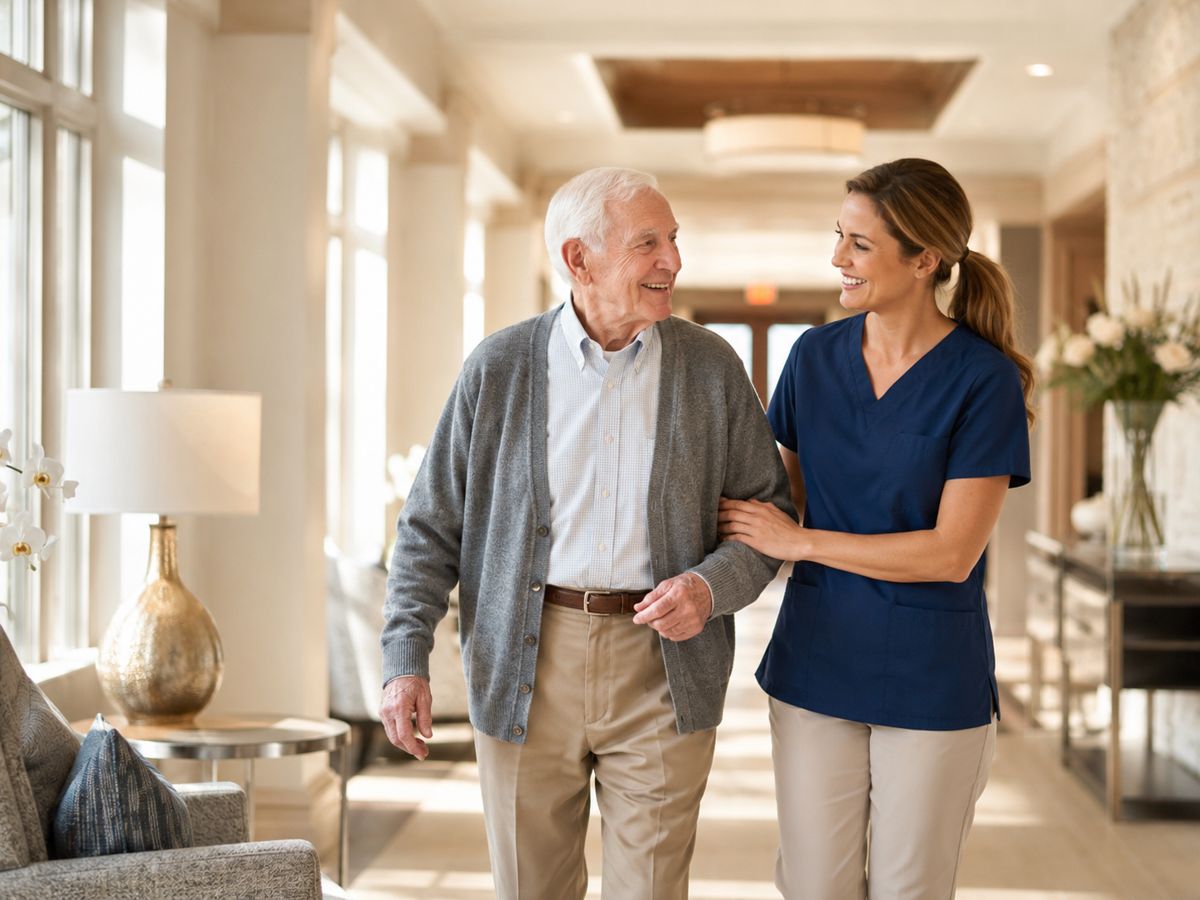A caregiver walking arm in arm with a senior resident.