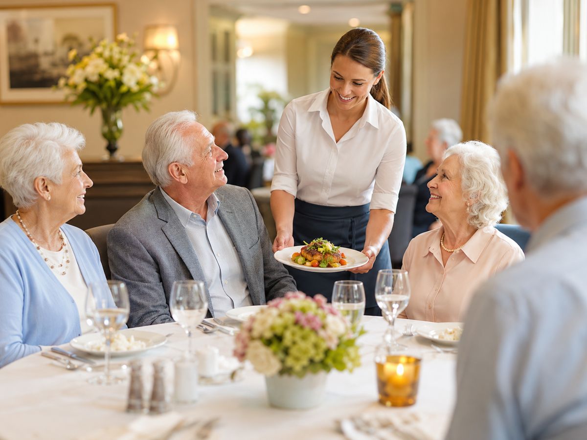 A freshly plated meal being served to seniors at a dining table.