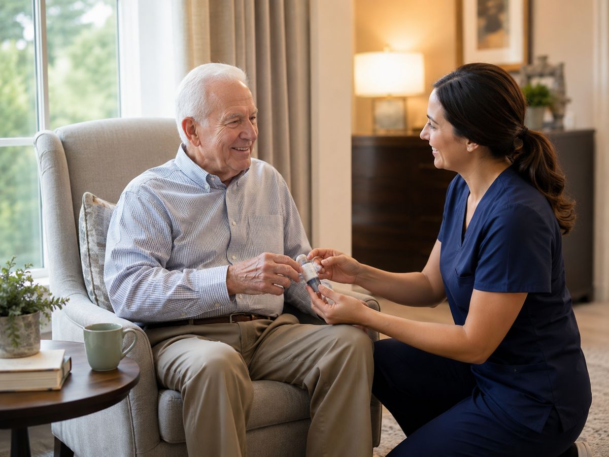 A caregiver helping a senior with medication.