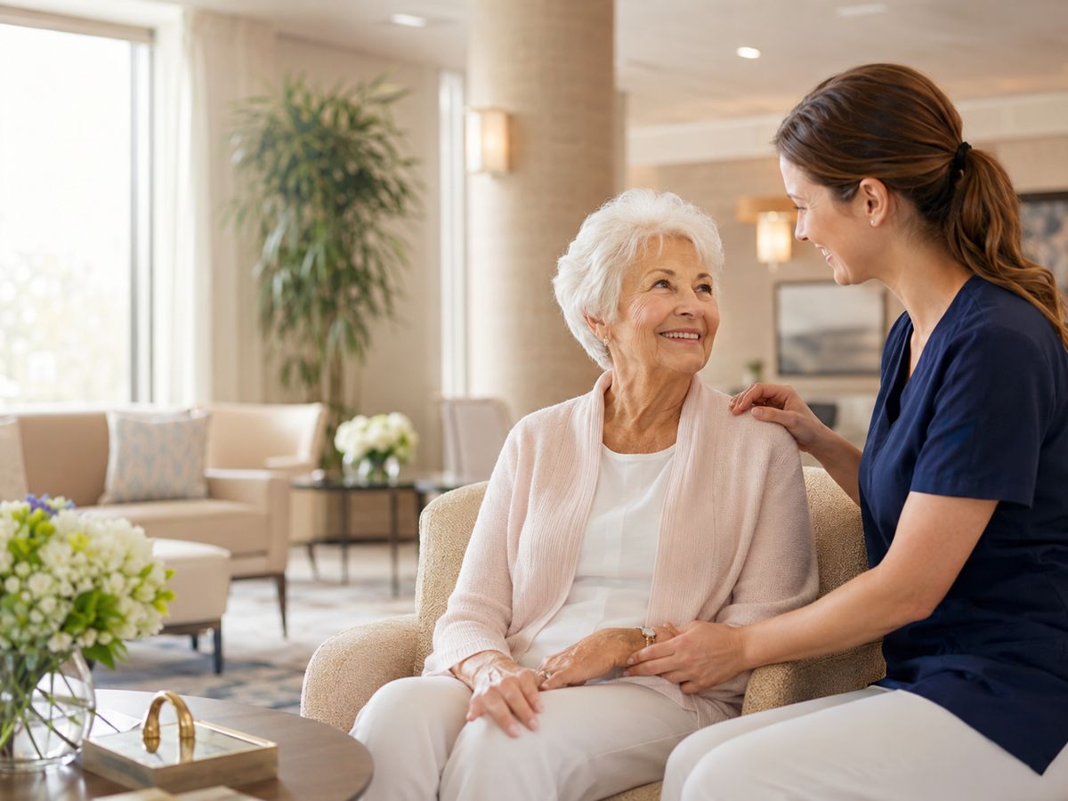 A caregiver sitting and talking warmly with a senior resident.