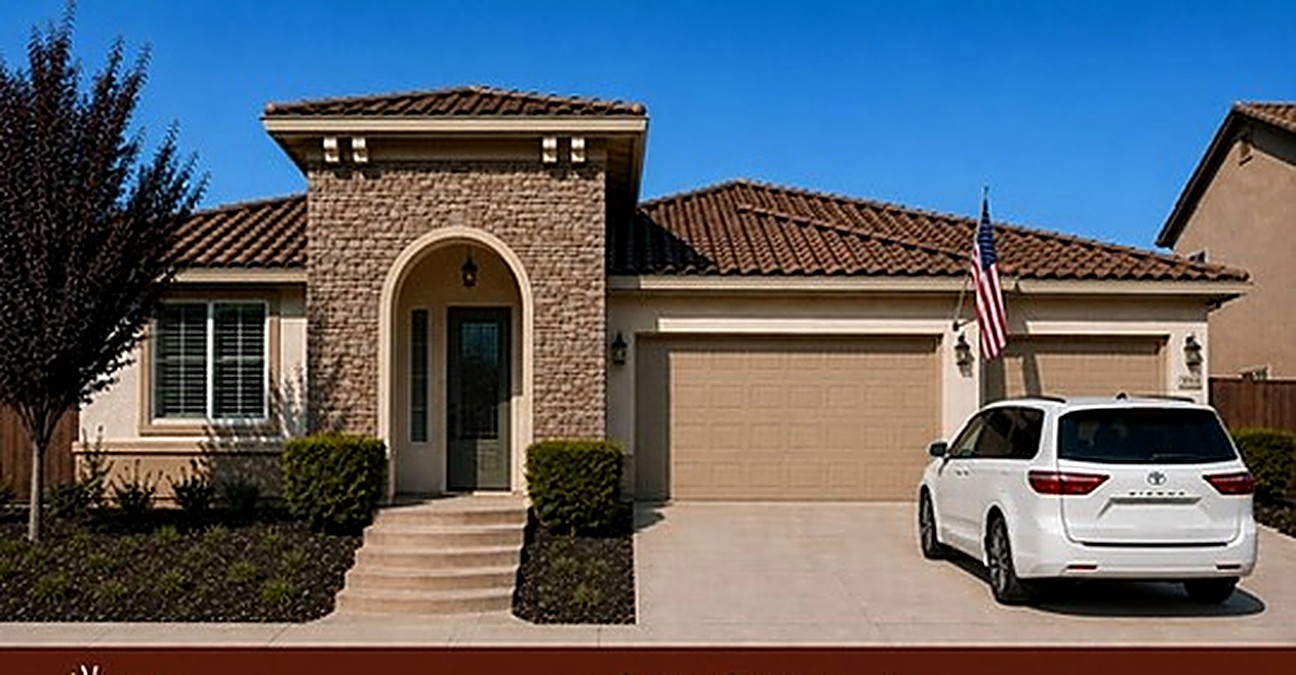 The Whale CA assisted living home in Sacramento — a single-story stucco house with a tile roof, American flag, and minivan in the driveway.