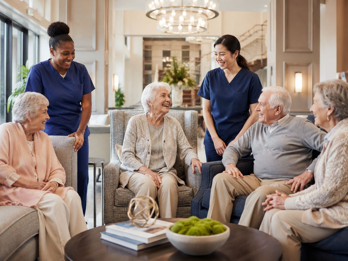 Residents and caregivers sharing a relaxed conversation in a bright, comfortable lounge.