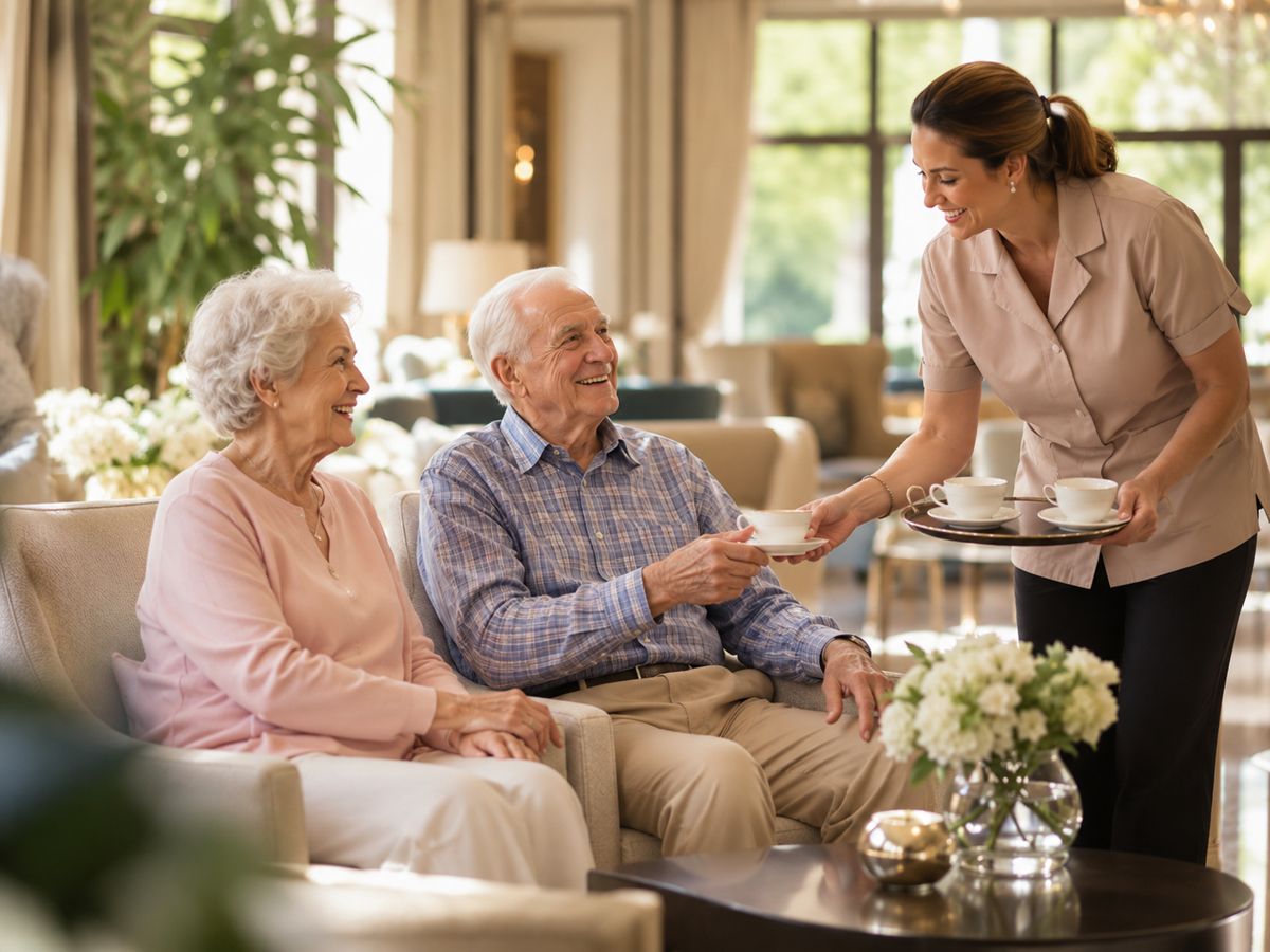 A caregiver serving afternoon tea to a senior couple.